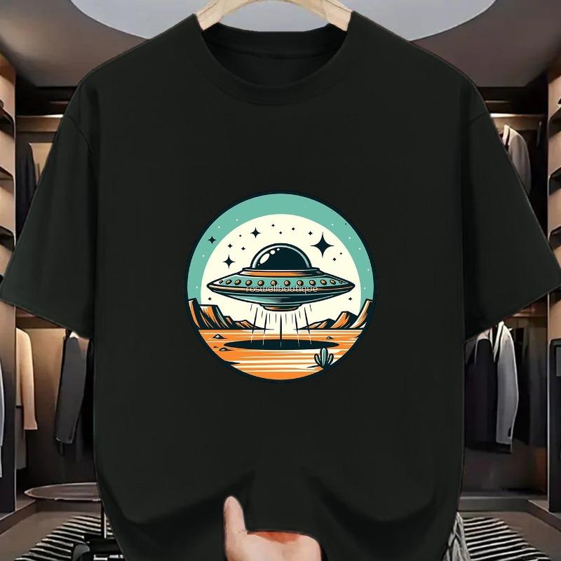 

European sizes Alien UFO Print Men s Round Neck T-Shirt, Featuring a Sci-fi Mystery and Alien Exploration Theme Design S чёрный