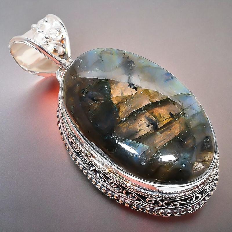 Labradorite Gemstone Handmade 925 Sterling Silver Jewelry Pendant 2.17" AH-820