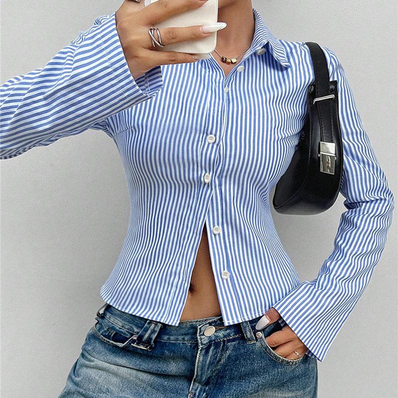 Women Shirt spring Autumn Polo Neck blue stripe button Long Sleeve Workwear Office Lady Casual slim Cardigan Blouse short Shirts