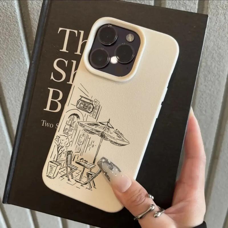 

Sketch Coffee Shop Street View Pattern Design Protective Cover for iPhone 17 16 15 14 13 12 11 16E Series Pro Max Plus iphone 15 ProMax