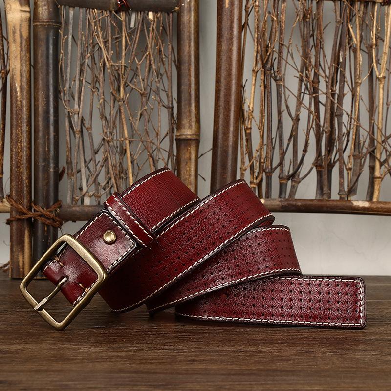 Belt Men's Retro Casual Cool Trendy All-Matching Hollow First Layer Cowhide Pin Buckle Genuine Leather Jeans Belt Men's