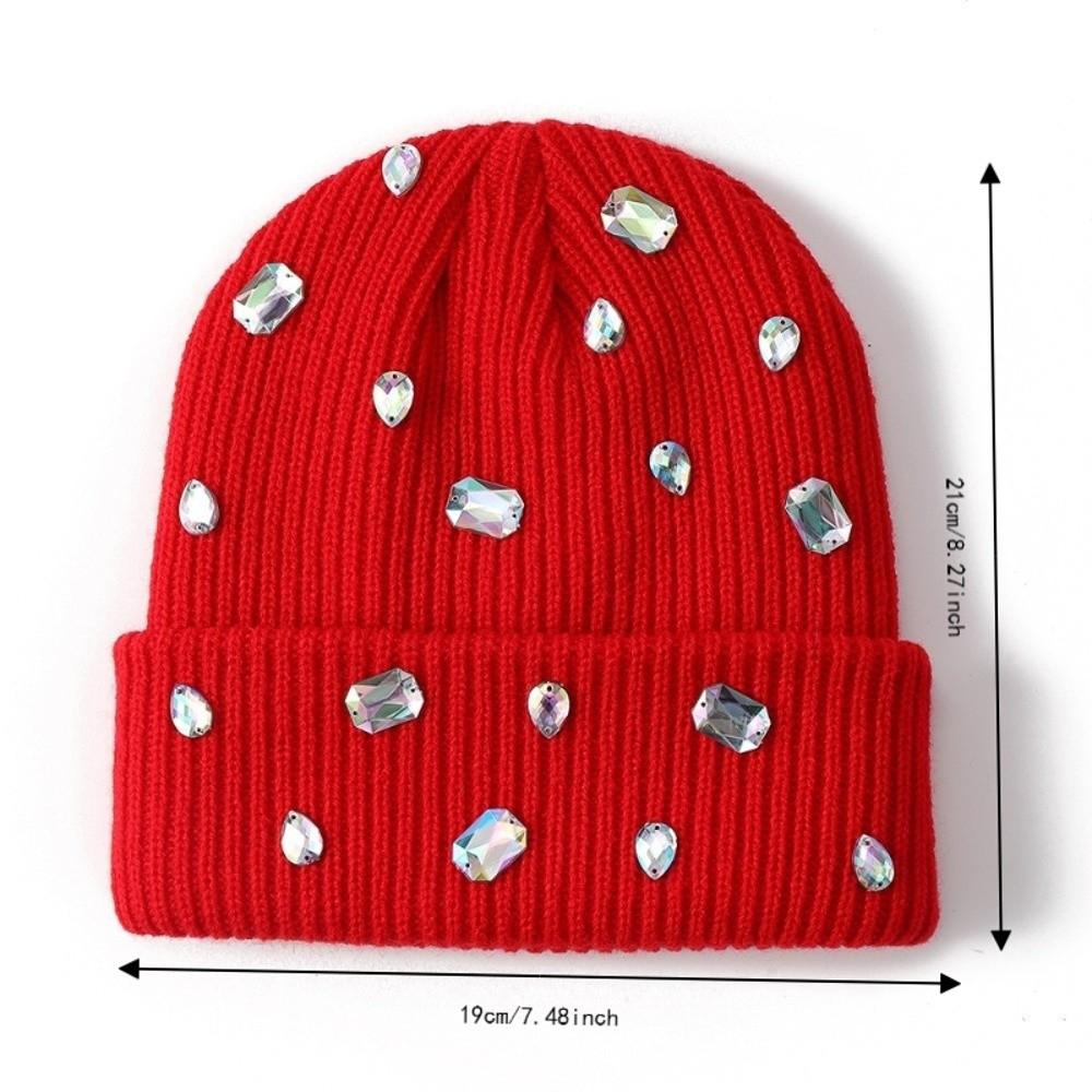 Rhinestone-embellished Pullover Knit Cap Solid Color Skull Cap Rhinestone-adorned Hat Winter