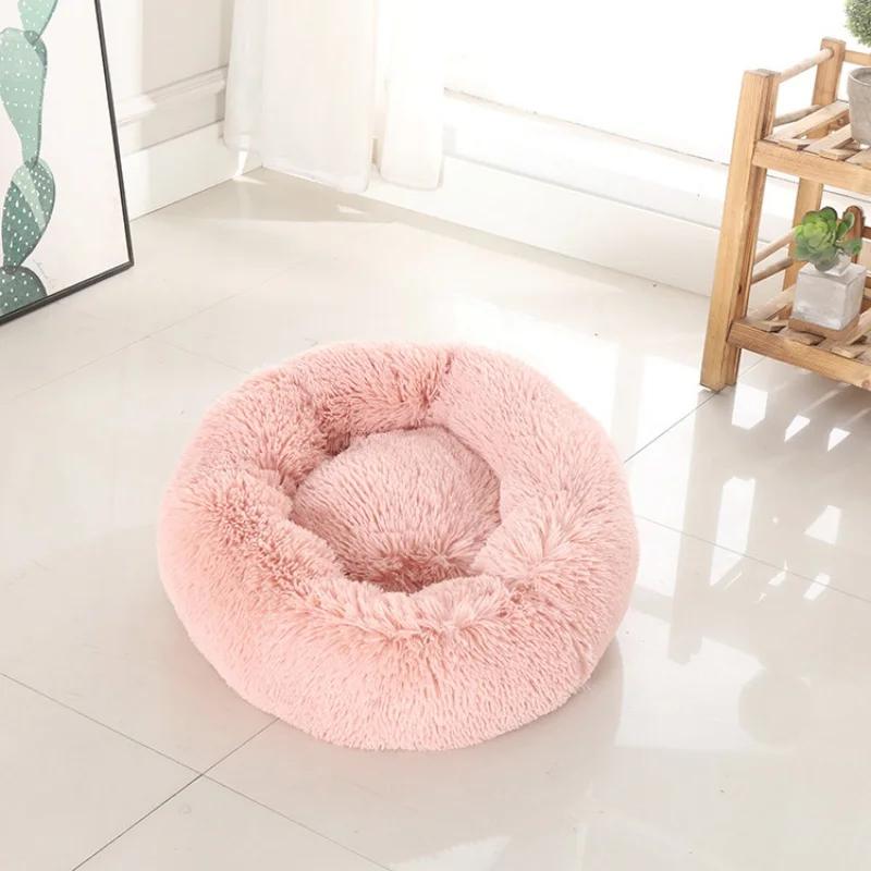 40-100cm Round Cat Bed Pet Bed Kennel Non-Slip Winter Warm Dog Kennel Sleeping Long Plush Soft Puppy Cushion Mat Cat Supplies