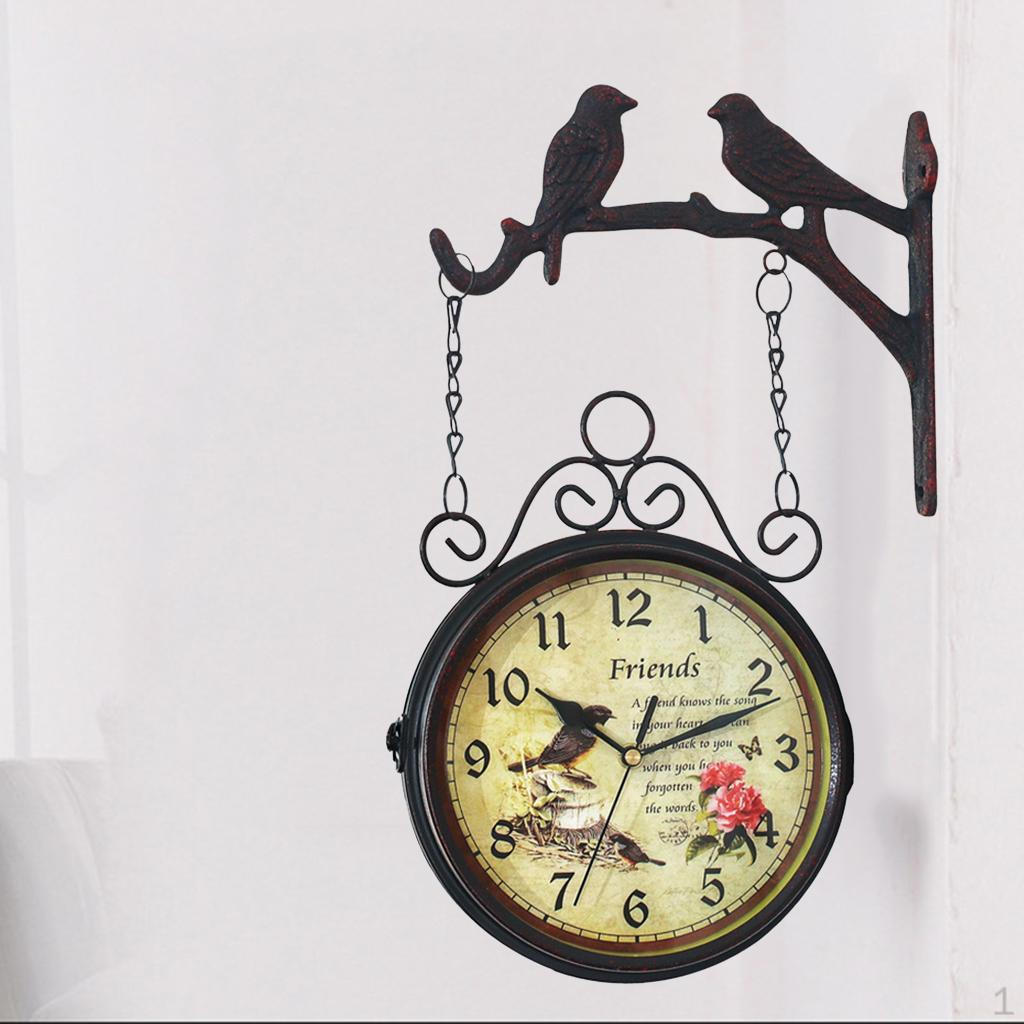 

Wrought Iron -Look Round Double Sided Two Faces Clock 8inch Wall Hanging with Bird Stand Side