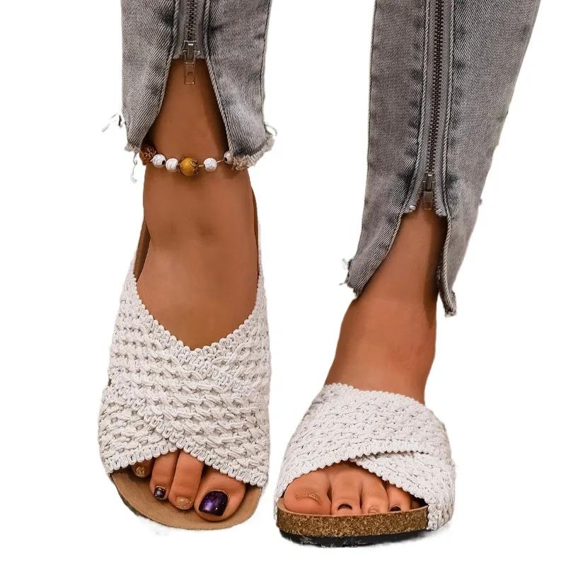 

Летние новые женские тапочки с открытым носком 2025 года, удобные плоские туфли на платформе, дышащие тапочки для больших размеров, повседневные сандалии 42 покинуть белый