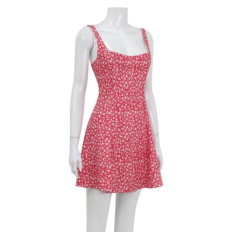 French Spring/summer Women's Fashion Print Halter Dress Square Neck Backless Fresh Sweet Floral