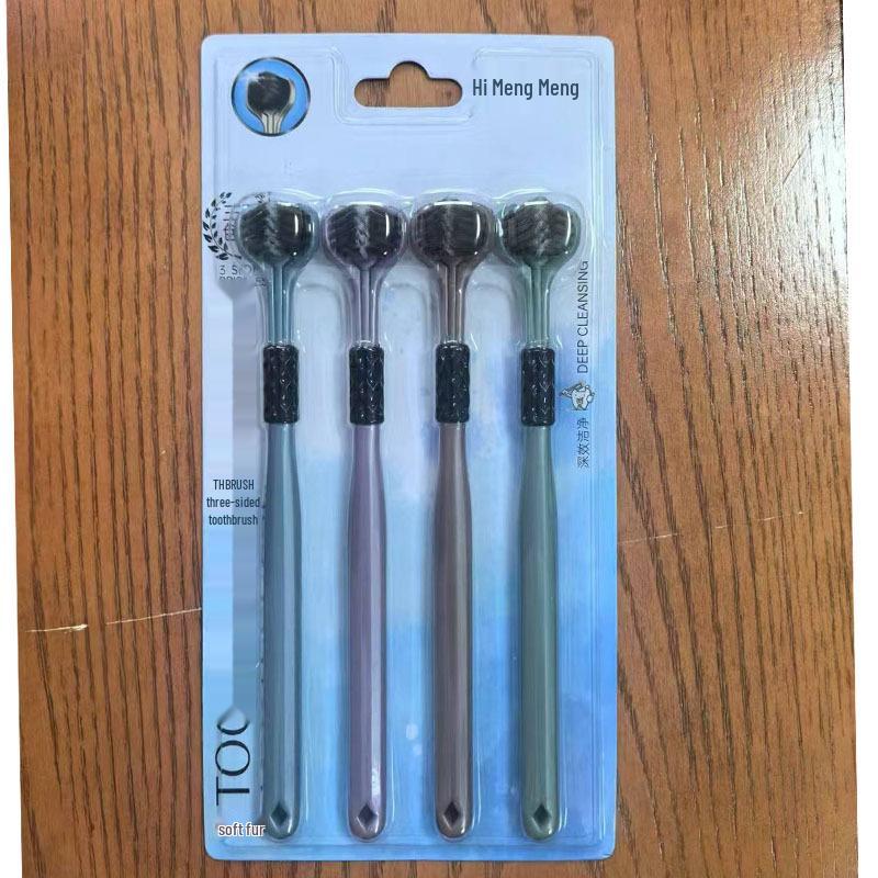 Three-Sided 3D Adult Toothbrush with Soft Bristles and Tongue Scraper