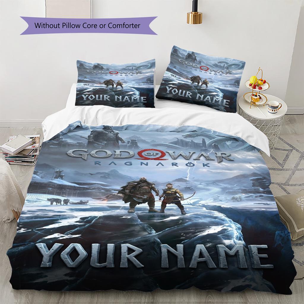 Name Custom Kratos God of War Pattern Bedding Set Quilt Cover Pillowcase Home Decor Gift (1 * Duvet Cover + 2 * Pillowcase, Without Core)