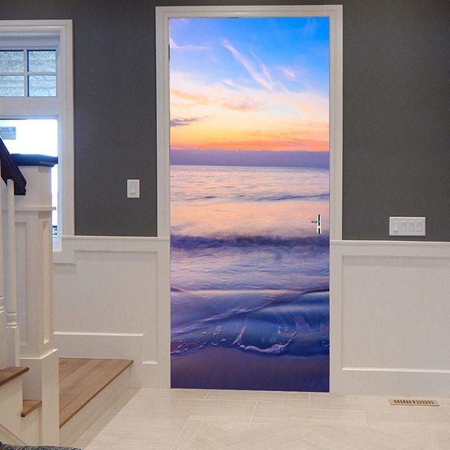 

3D Наклейка на дверь с видом на пляж Наклейка на дверь с видом на океан Фиолетовое небо Океан Фреска обои Семейная гостиная украшение 40x120cm(one-piece)