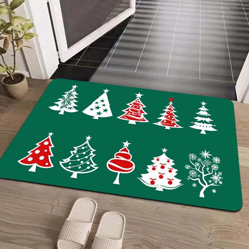 Christmas Tree Print Washable Polyester Doormat Set, Non-Slip PVC Backed Machine Made Entryway Rug, Festive Indoor Floor Mat for