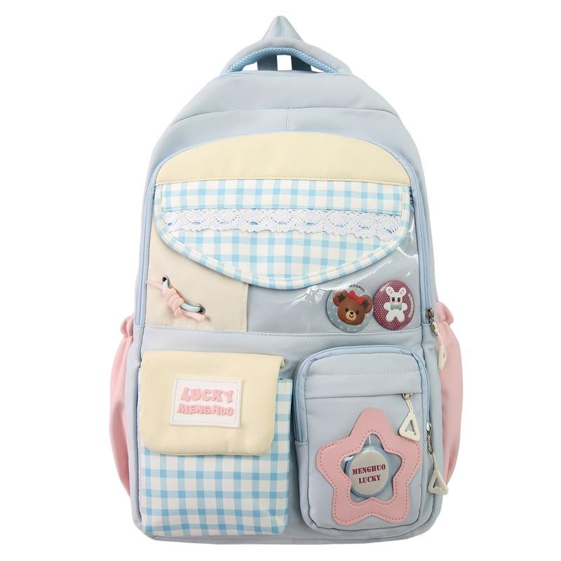 Plaid Backpack Junior High School Student Lightweight Schoolbag Color Block Large Capacity Backpack