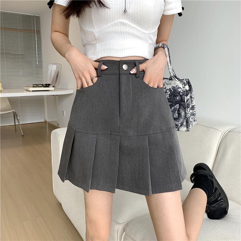 2024 Plus Size Grey High-Waisted A-Line Pleated Skirt - Tummy Slimming & Concealing Mini Skirt for Women