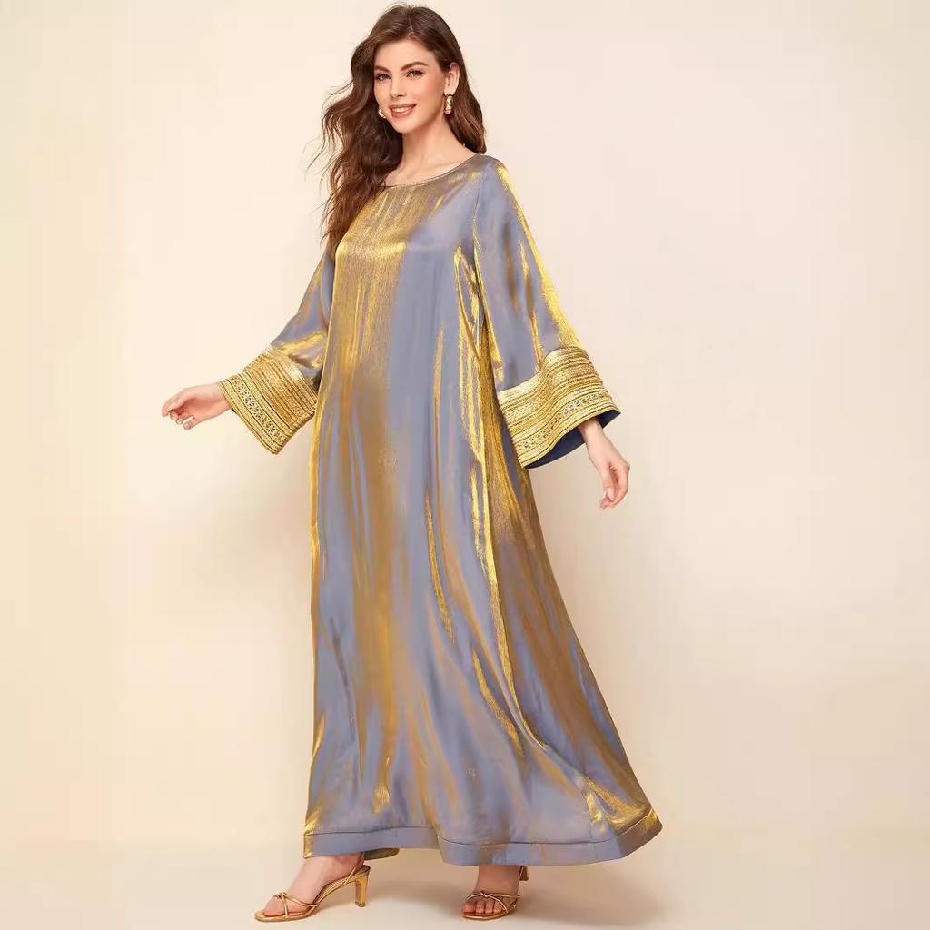 Damen Langes Kleid mit lockerem Schnitt, Rundhalsausschnitt und goldbestickten Manschetten