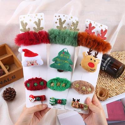 Christmas Hair Accessories Cute Elk Deer Old Man Brooch Cartoon Hairpin Christmas Plush Hair Tie Side Clip Set Jewelry