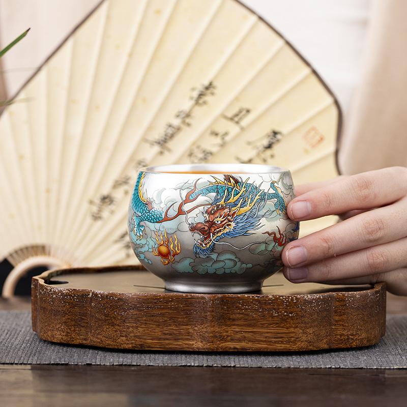 Silver Teacup 999 ******Lver Blue Dragon And Phoenix Chengxiang Master Cup Pair Cup Female Tea Cup Single Teacup Personal Cup Gift Box