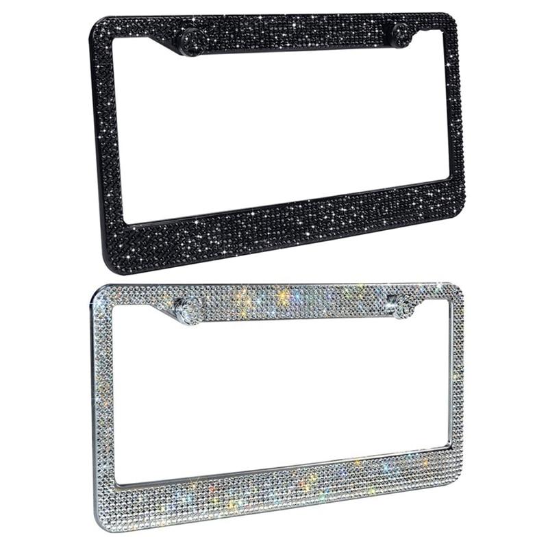 License Plate Holder Stainless Steel License Plate Frame Bling Rhinestone Front Rear License Plate Frame