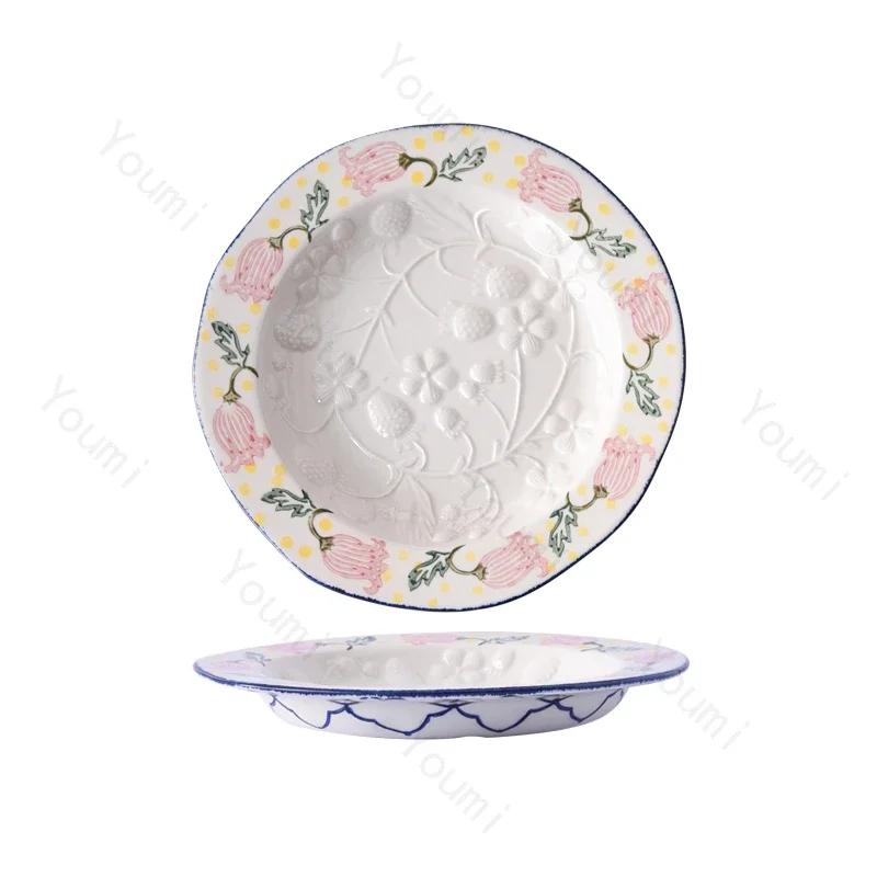 Creative Relief Flower Ceramic Plates Light Luxury Restaurant Pasta Dessert Plate Delicious Dishes Dining Plate Unique Tableware