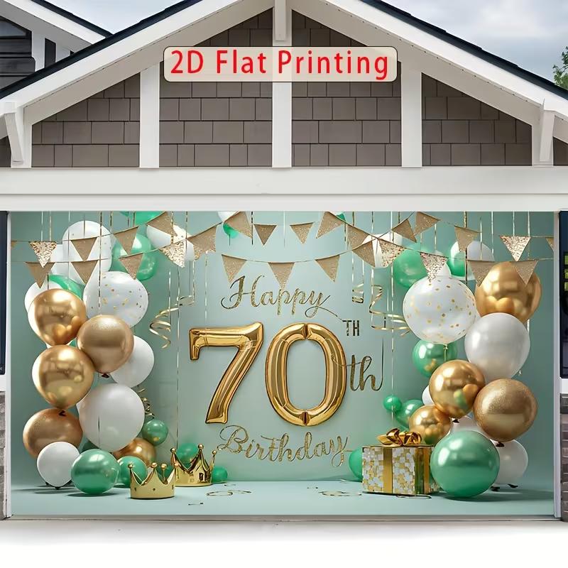 2D Neutral 70th Birthday Backdrop, Mint Green & Gold Balloon Decor Banner