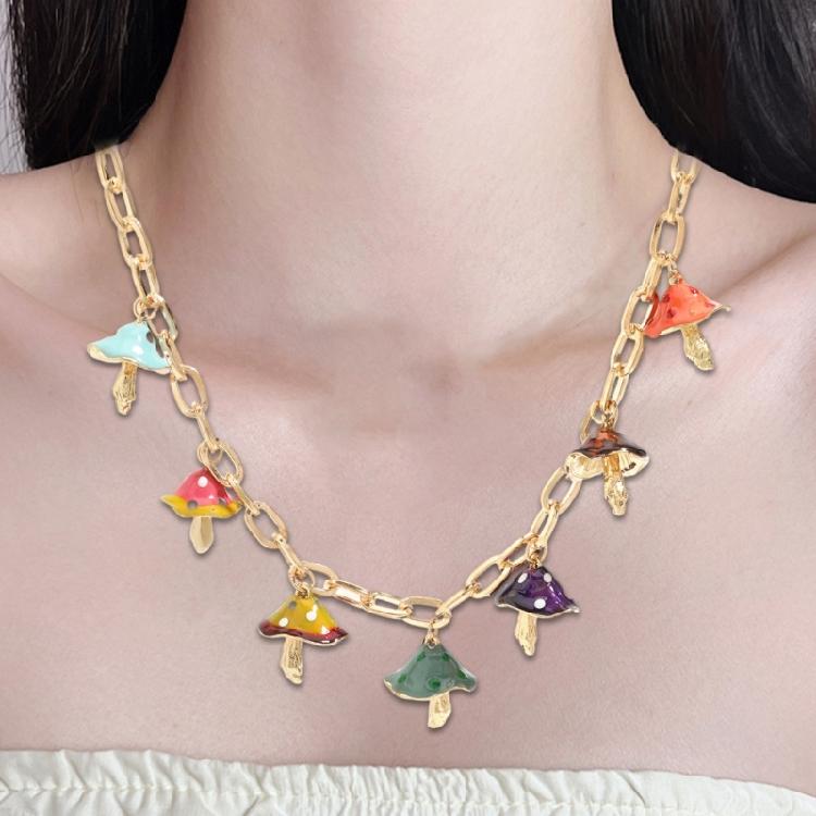 Collar Necklace with Colorful Mushroom Pendants Adjustable Length Neckchain Hypoallergenical Jewelry for Daily Wear