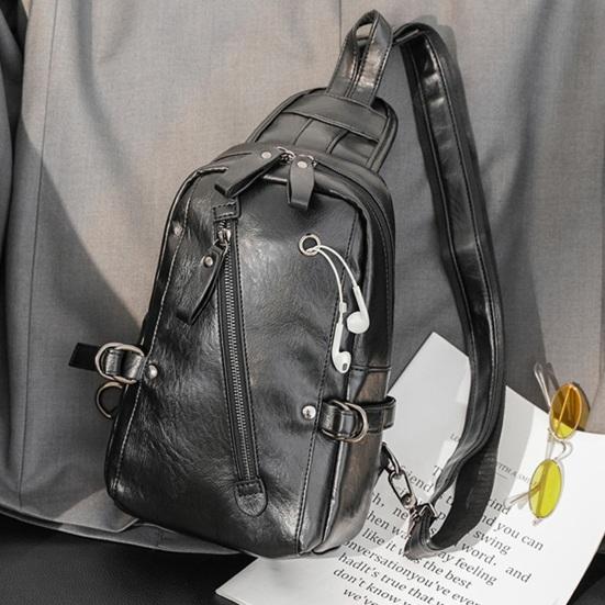Men Chest Bag Waterproof Faux Leather Crossbody Bag Travel Sling Backpack for Camping Bag Casual Sling