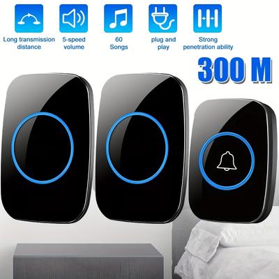 1 Taste 2 Empfänger Drahtlose Türklingel, mit 300 Meter effektiver Reichweite, Plug-in-Türklingel, LED-Anzeige, 5-stufige Lautstärkeregelung, 60 Klingeltöne.