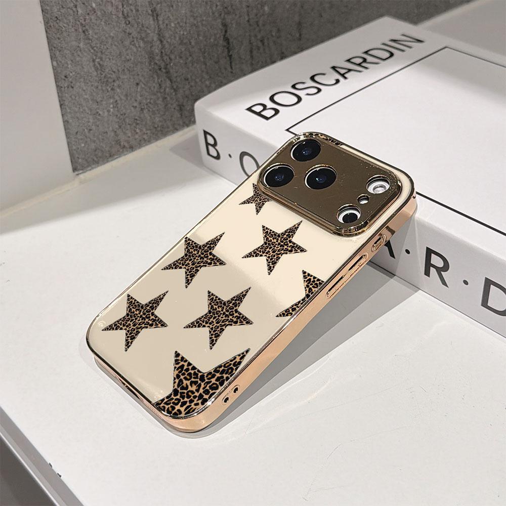 Lucky Start Phone Case For iPhone 17 16 15 14 13 12 11 Pro Max 16E Gold Electroplated glass shell  Leopard Print Stars Cover
