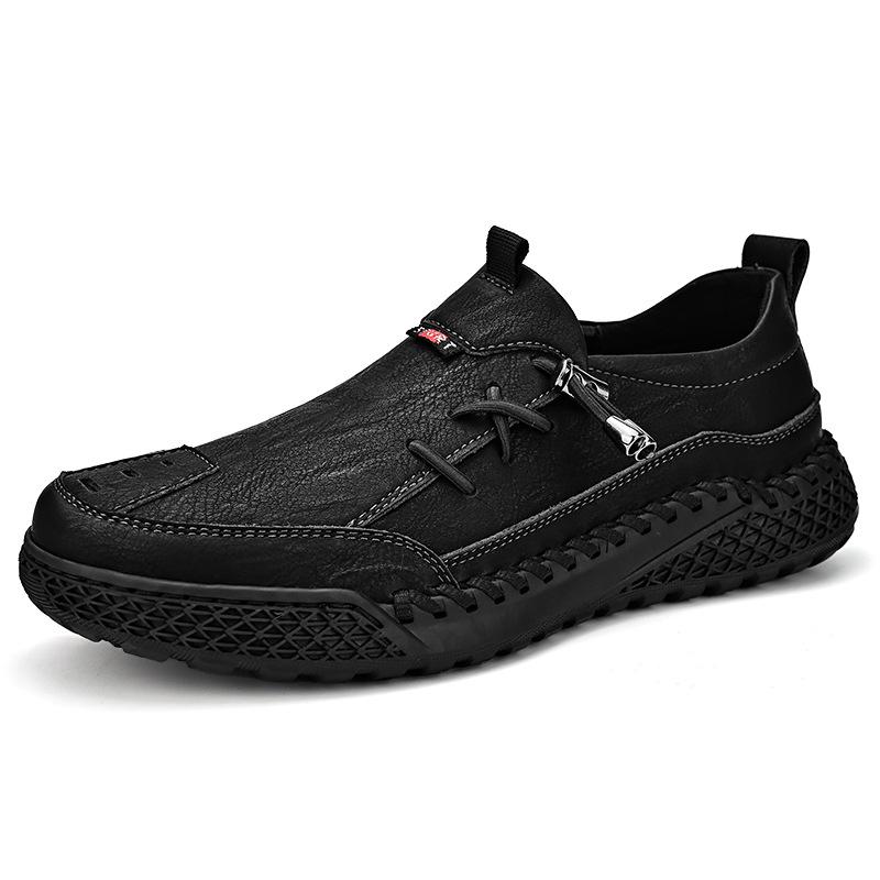 Men's Large Size Leather Slip-on Loafers - Spring & Autumn Fashion, Handmade, Thick-Soled, Casual Stitched Design