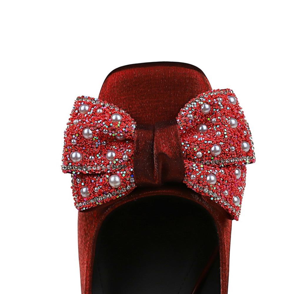 Thick Heel Medium Heel Single Shoes Women's Rhinestone Bow Versatile Satin One-word Buckle Strap Square Head Mary Jane Shoes