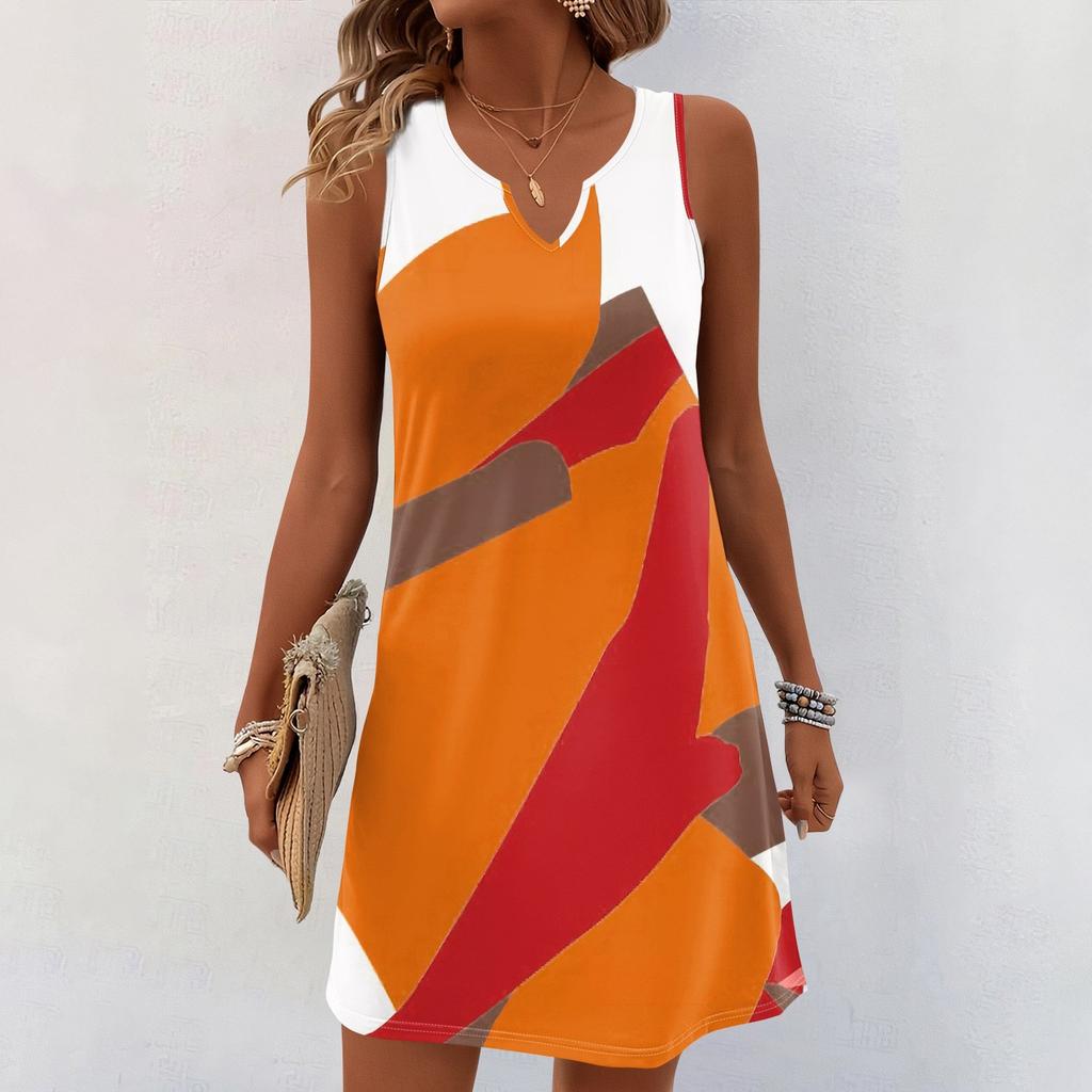 Vestito estivo da donna con scollo a V, senza maniche, con stampa, casual