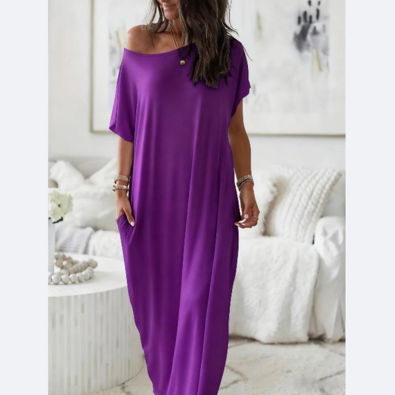 Women's Solid Color - Slightly Stretchy Polyester Fabric Fashion Design Large Round Neck Loose Pocket Short-Sleeve Long Nightgown. Home Dress