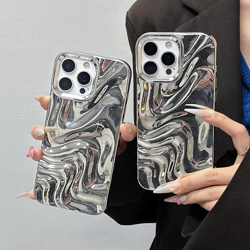 Mode Zilver 3D Unieke Watergolf Textuur Telefoon Achterkant Cover Voor iPhone 17 Air 16 15 13 12 11 Pro Max Hoesje