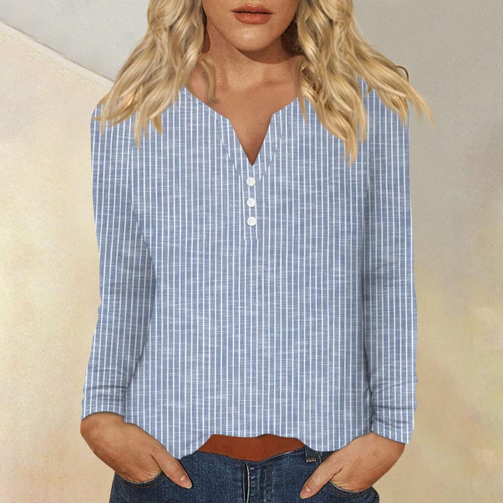 Women's Fashion Casual Printed V-neck Long Sleeve Button Up T-shirt Top