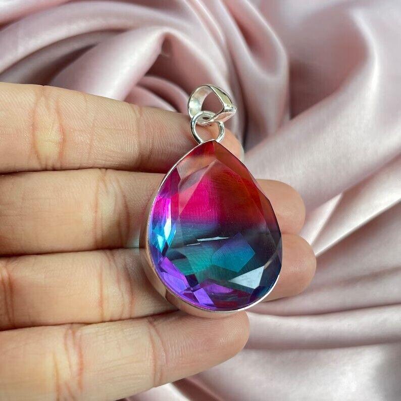 Bicolor Tourmaline Gemstone Silver Pendant With Silver Chain Handmade Pendent