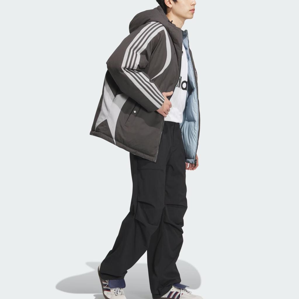 Adidas Originals FW24 Puff Down Jacket Series Warm Reversible Sports Loose Hooded Duck Down Cotton Coat Men Jackets Dark-Gray JD3751