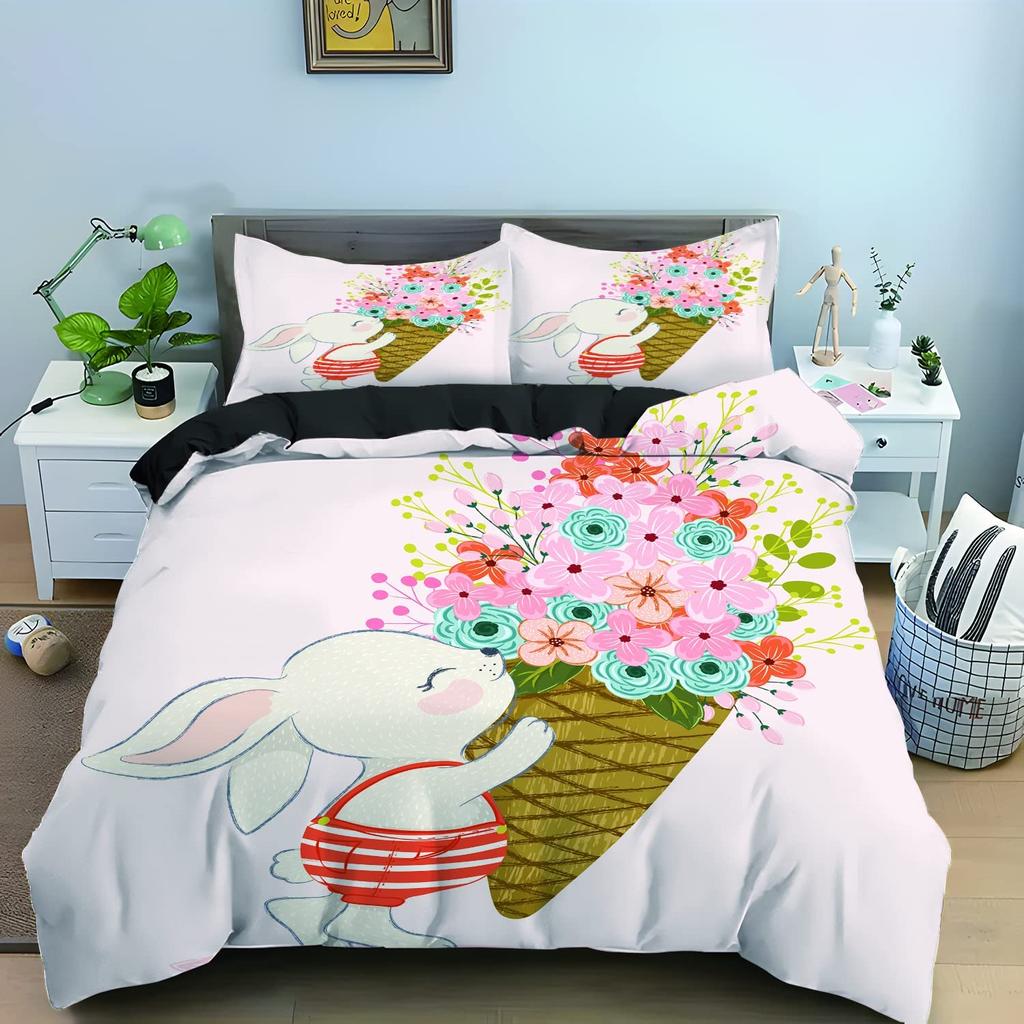 Rabbit Duvet Cover Set Polyester Comforter Cover Twin Size,Pink Floral For Girls Women Cute Bunny Bedding Set With Pillowcase