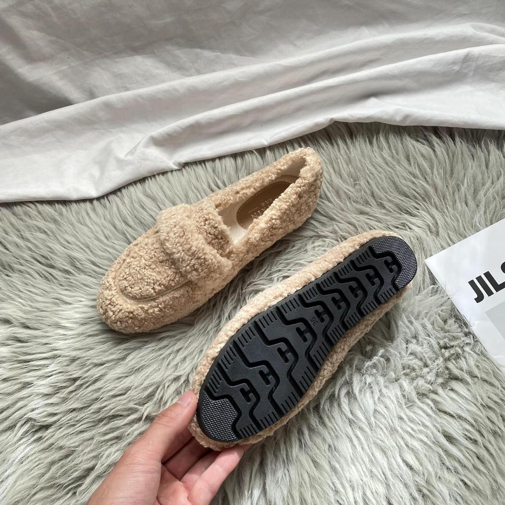 Women's Thick-Soled Furry Loafers, Autumn & Winter Lamb's Wool Bean Shoes, Plus Velvet Cotton, Sizes 41-43 Available