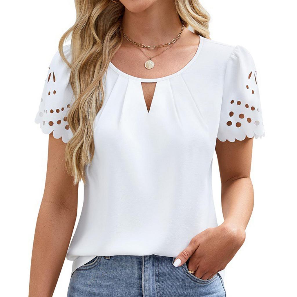 Dames Mode Casual Kleur V-hals Uitgesneden Kant Korte Mouwen Top Korte Mouwen Top