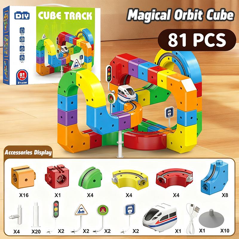 Electric Magnetic Track Set Children Magnetic Rail Car Cube Toys DIY Building Blocks Educational Toy Gift Box For Kids Gift