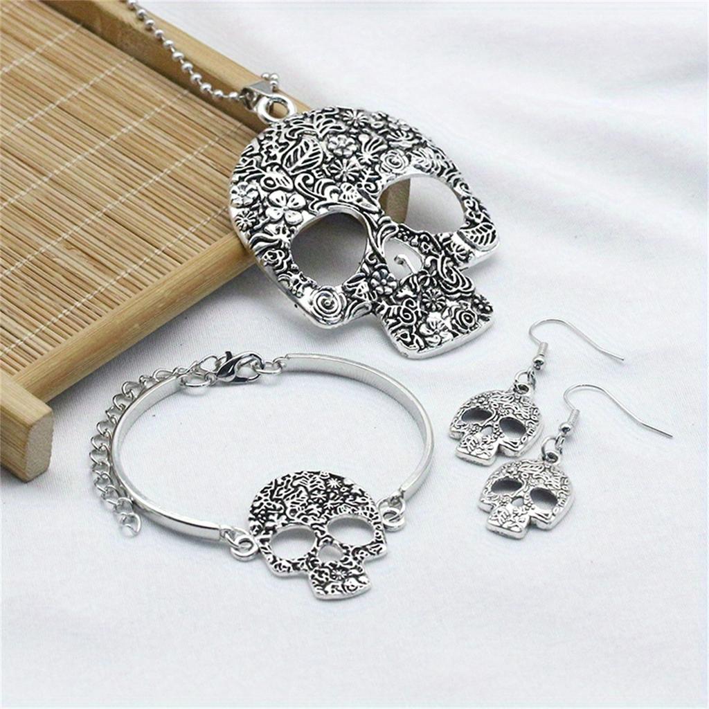 Set Bijuterii 4 Bucăți Vintage Goth Colier cu Pandantiv Craniu & Cercei & Brățară Ornament Punk Gotic Decor Halloween Cadou Pentru Femei Bărbați