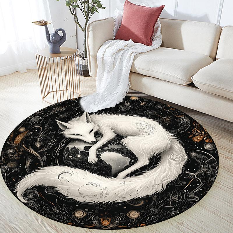 Black and White Fox,Round Area Rug,Carpet Rug for Living Room Bedroom Sofa Playroom Decor,Non-slip Floor Mat