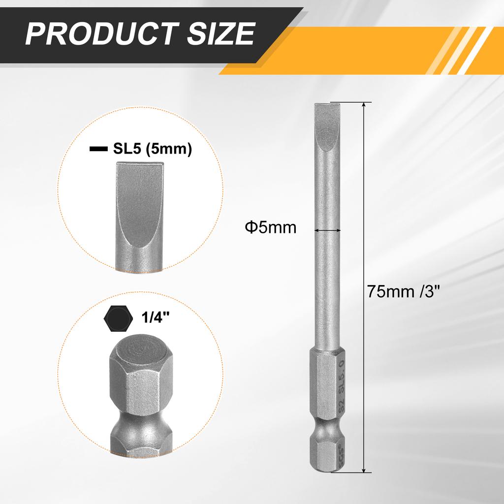 2/4/8pcs SL2/SL2.5/SL3/SL4/SL5/SL6 Slotted Screwdriver Bits 6mm Slotted Tip 1/4" Hex Shank 75mm (3") Long Magnetic Flat Head