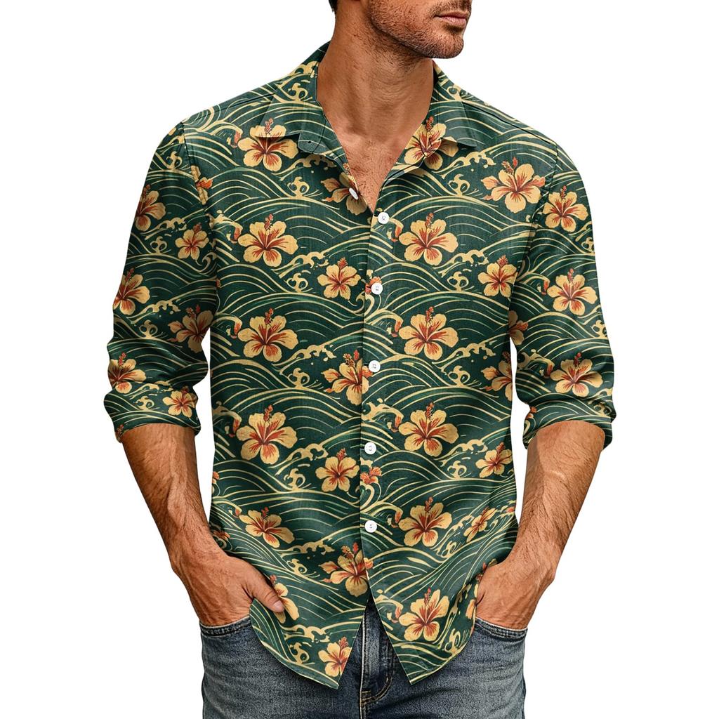 Men's Hawaiian Loose Fit Long Sleeve Shirt with Classic Collar Vintage Casual Button Down Shirt Suitable for Spring and Autumn Wear