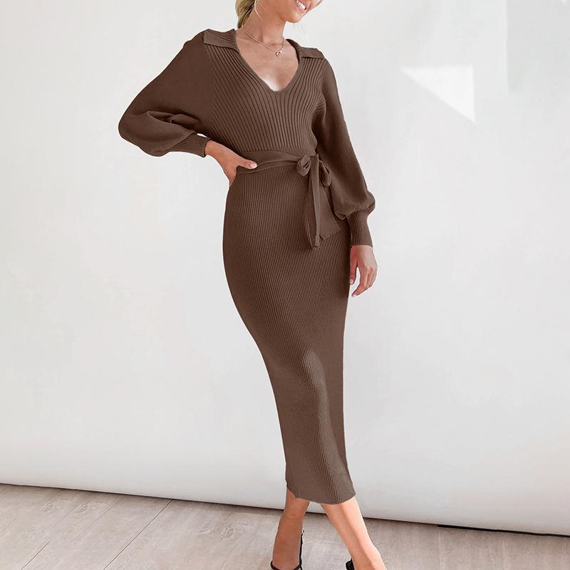 2026 New Autumn and Winter Elegant Retro Light Mature Style Lantern Sleeves V-neck Solid Color Knitted Sweater Skirt