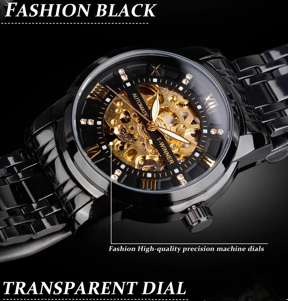 WINNER Orologi Meccanici Classici Lusso Quadrante con Diamanti Scheletro Nero Oro Automatico Orologio da Uomo Cinturino in Acciaio Inossidabile Orologio da Polso