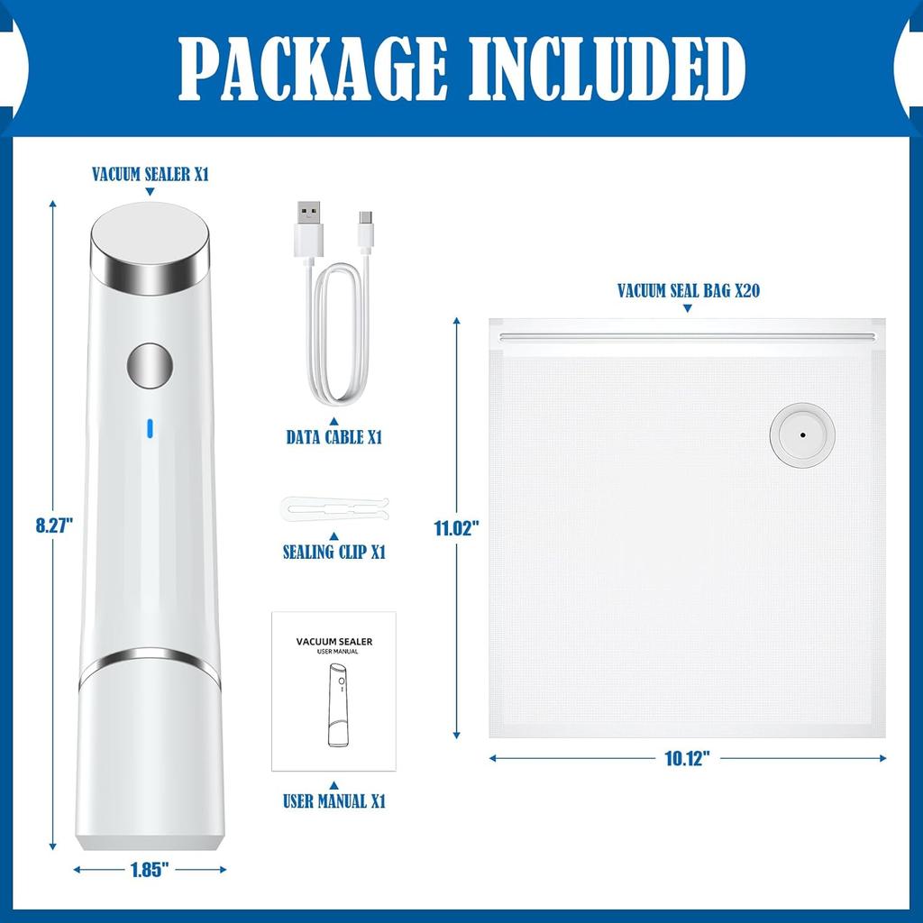 Vacuum Sealer, Handheld Compact Vacuum Sealer, Vacuum Sealer Pump & Food Saver with 20 Reusable Vacuum Bags for Food Fresh & Storage (1 Pump+20 Bags)