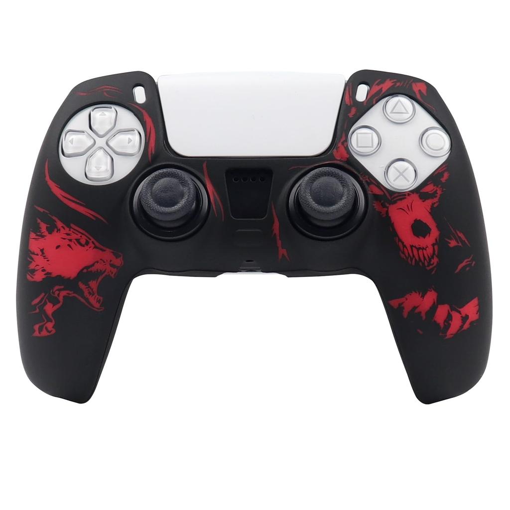 RALAN PS5 Controller DualSense Compatible with Silicone Joystick Caps, Non-Slip, Black, Perfect Fit, Ergonomic Design (Black and Red Wolf)