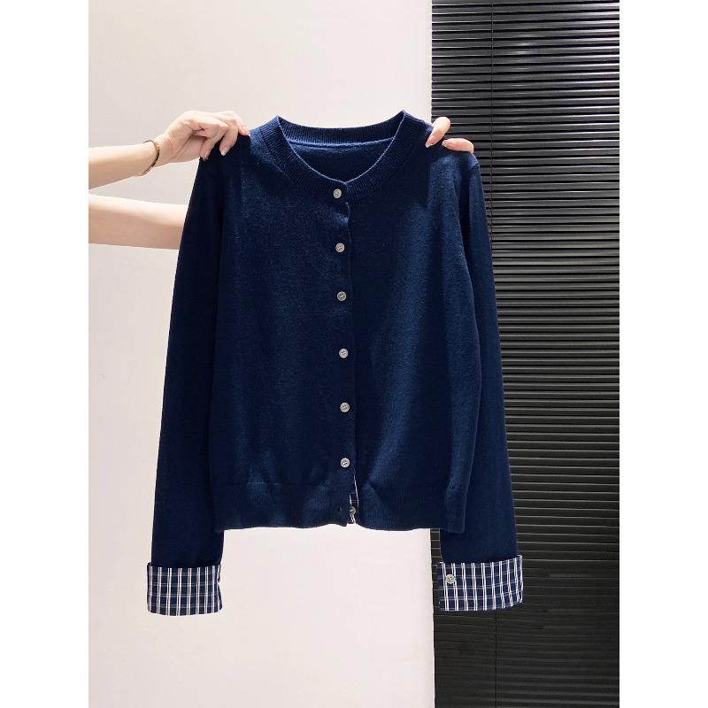 Plaid splicing single-breasted cardigan women's spring and autumn fashionable top knitted sweater versatile jacket