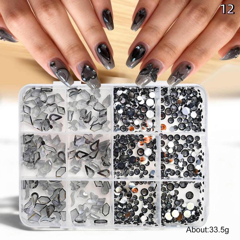 12 Grids Flat Bottom Mixed Nail Diamond 12 Color Nail Rhinestone Shiny Colorful Nail Gems Glass Stones Nail Charm