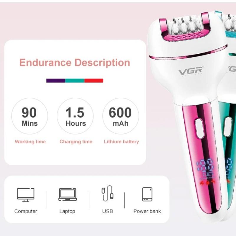 VGR V-732 3 in 1 Epilator Women Electric Shaver for Face Body Rechargeable Lady Trimmer Hair Removal Bikini Underarms Legs Deep Cleaning Epilator
