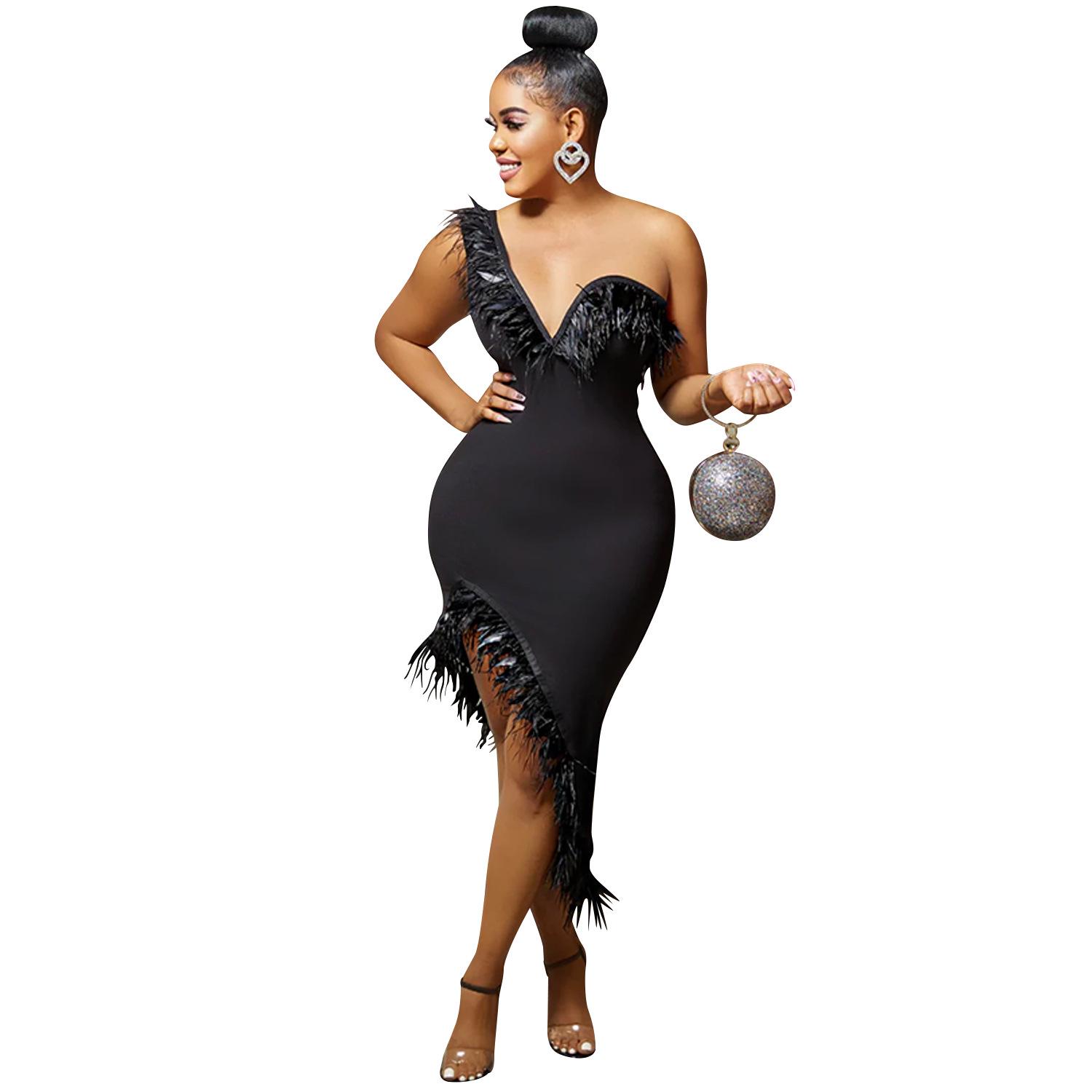 

V-Neck Sleeveless Feather Midi Dress - Solid Color, Bandage Style, Irregular Hem XX-Large